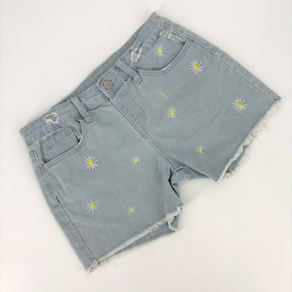 Dex Girls' Light Blue Distressed Denim Shorts with Embroidered Daisies, Large